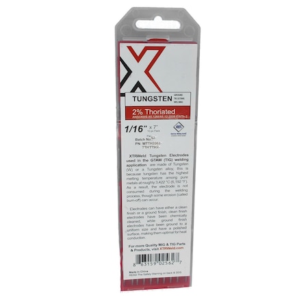 Xtrweld 2% Thoriated Tungsten Electrode, 3/16, Red, 7 In L, 5PK WTTH2187